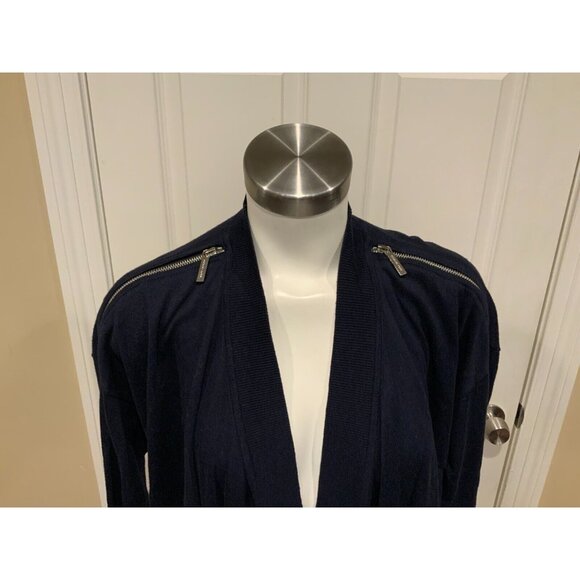 Michael Kors Navy Blue Open Front Cardigan Sweater W/ Zipper Shoulder, Size M - Picture 2 of 7